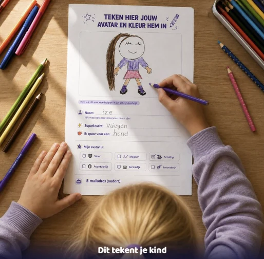Een kind tekent haar figuur op het tekenblad
